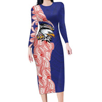 American Samoa Flag Day Long Sleeve Bodycon Dress Tribal Tattoo with Eagle Blue-Red LT03 Long Dress Blue - Polynesian Pride