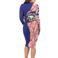 American Samoa Flag Day Long Sleeve Bodycon Dress Tribal Tattoo with Eagle Blue-Red LT03 - Polynesian Pride