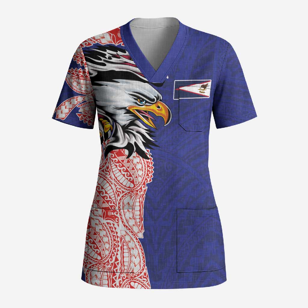 American Samoa Flag Day Scrub Top Tribal Tattoo with Eagle Blue-Red