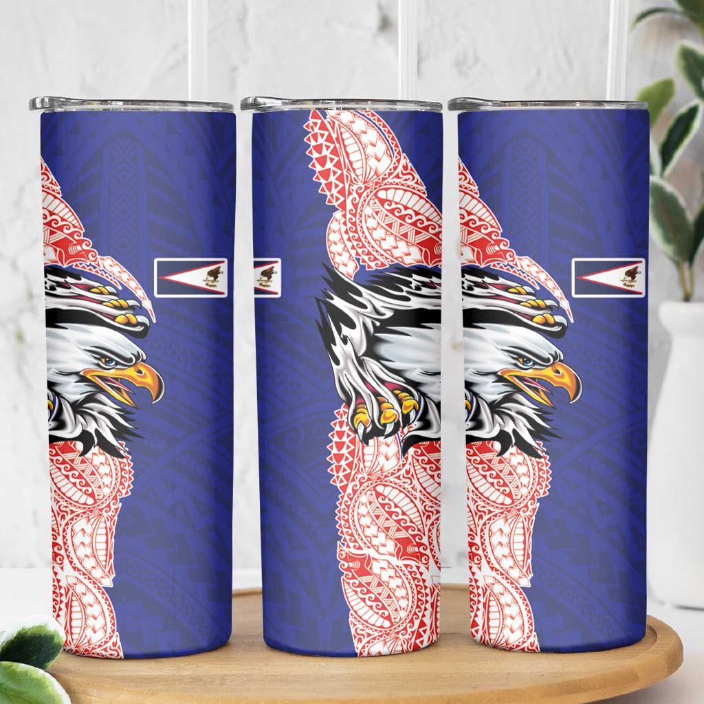 American Samoa Flag Day Skinny Tumbler Tribal Tattoo with Eagle Blue-Red