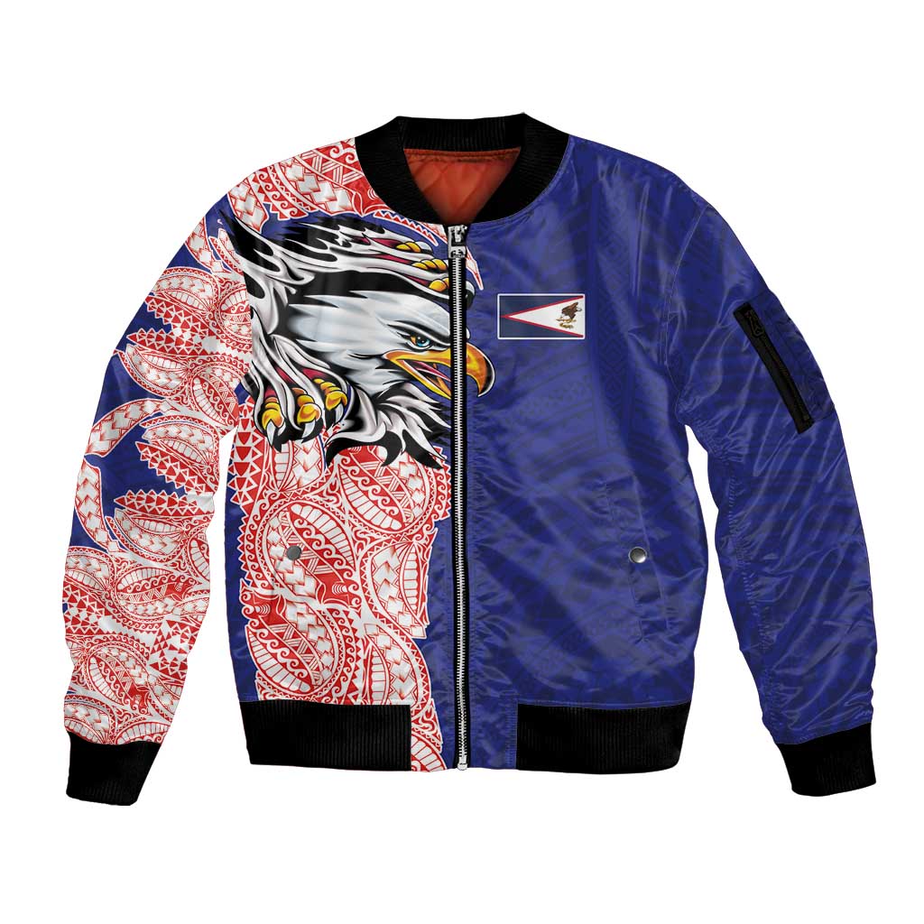 American Samoa Flag Day Sleeve Zip Bomber Jacket Tribal Tattoo with Eagle Blue-Red LT03 Unisex Blue - Polynesian Pride