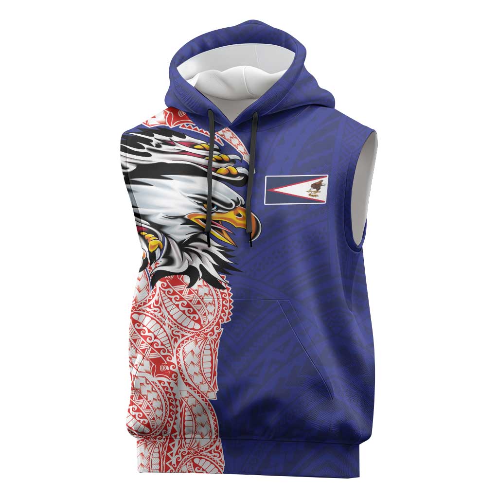 American Samoa Flag Day Sleeveless Hoodie Tribal Tattoo with Eagle Blue-Red