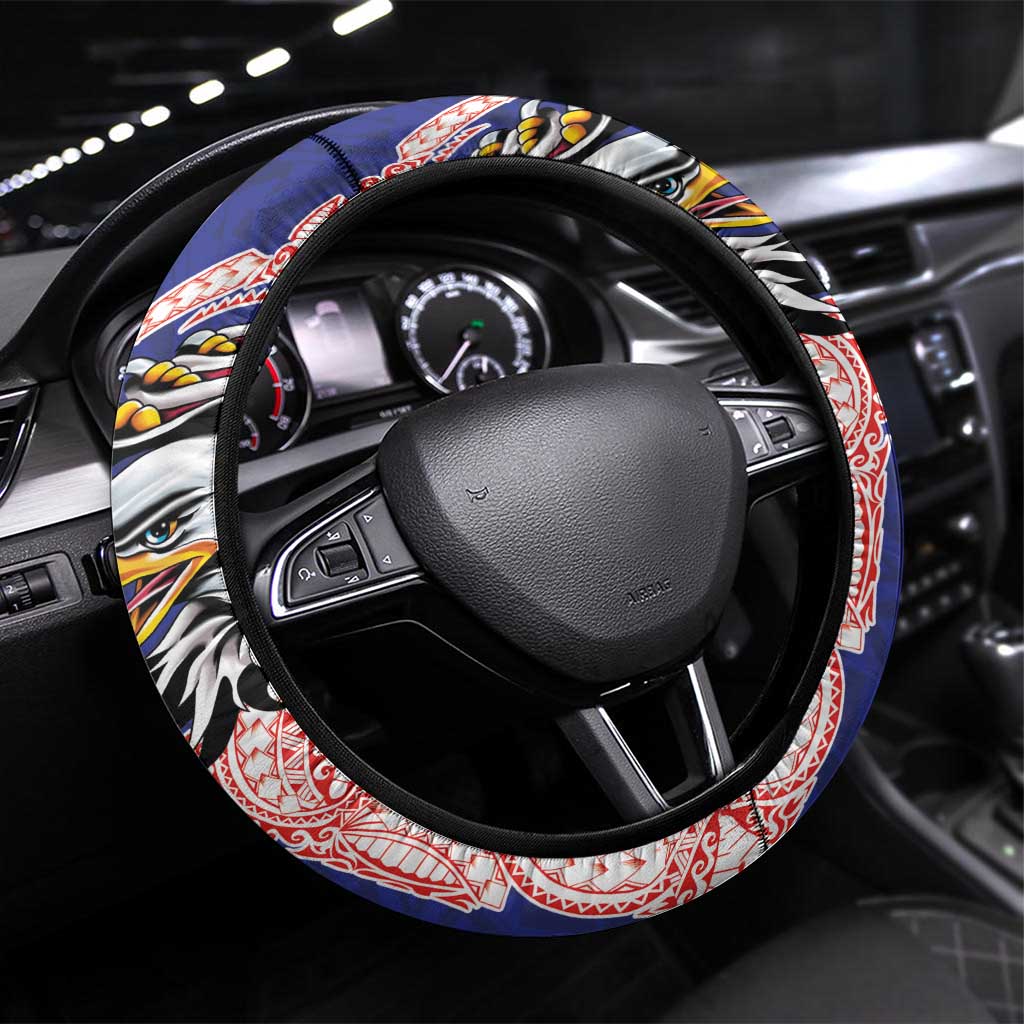 American Samoa Flag Day Steering Wheel Cover Tribal Tattoo with Eagle Blue-Red LT03 Universal Fit Blue - Polynesian Pride