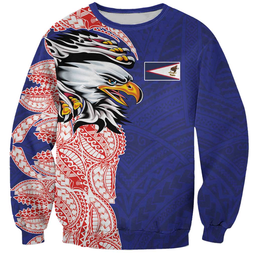 American Samoa Flag Day Sweatshirt Tribal Tattoo with Eagle Blue-Red LT03 Unisex Blue - Polynesian Pride