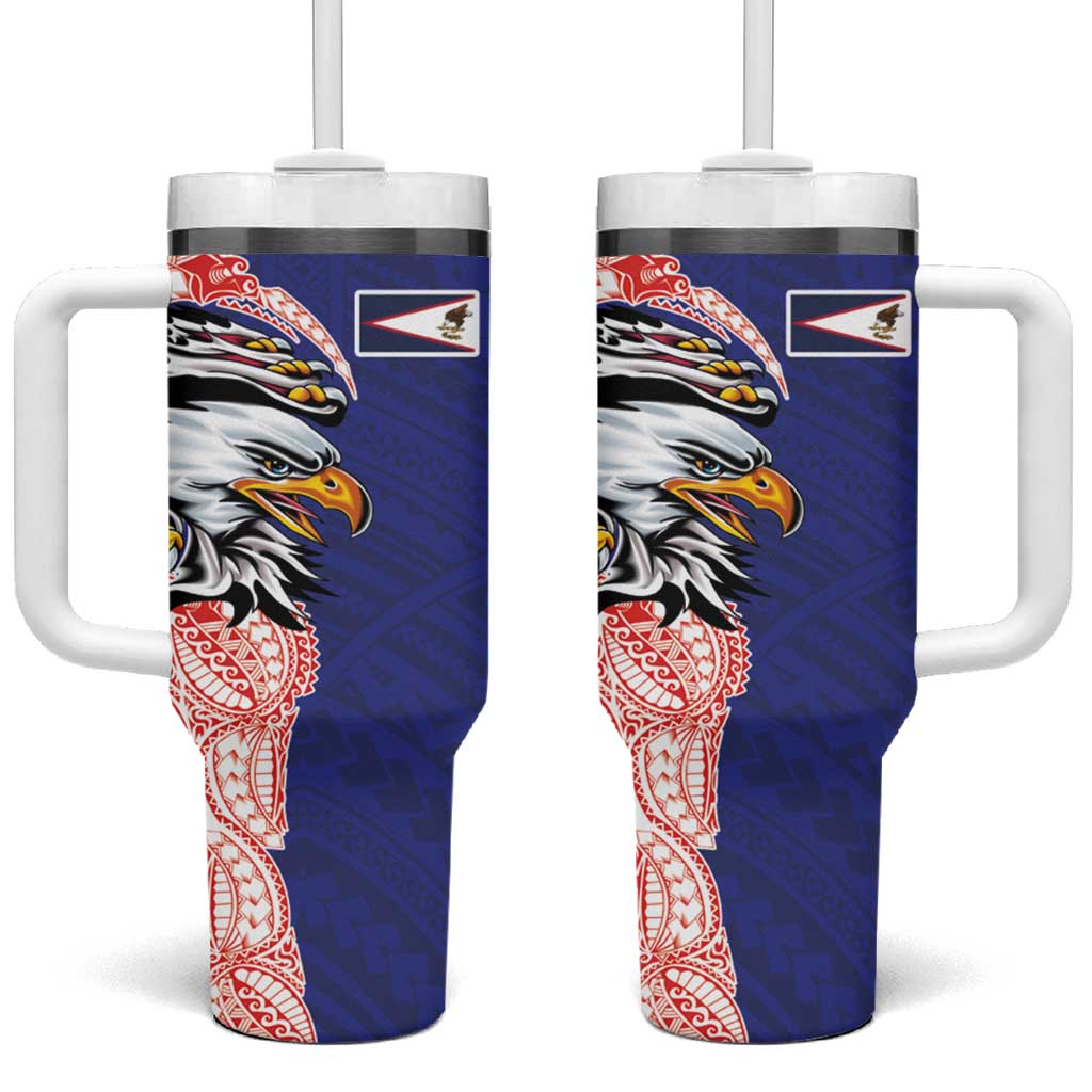 American Samoa Flag Day Tumbler With Handle Tribal Tattoo with Eagle Blue-Red LT03 One Size: 40 oz Blue - Polynesian Pride