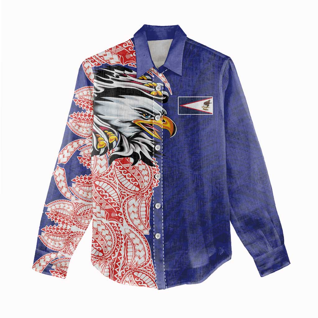 American Samoa Flag Day Women Casual Shirt Tribal Tattoo with Eagle Blue-Red