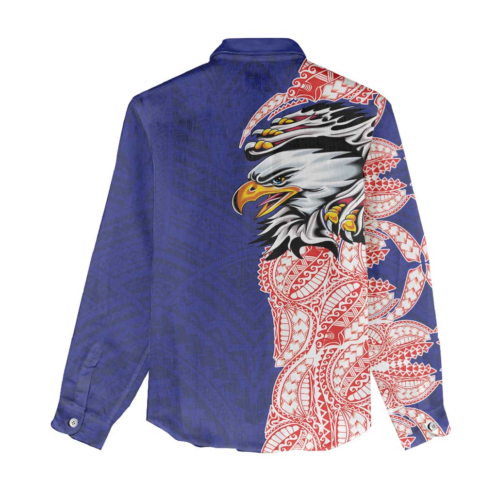 American Samoa Flag Day Women Casual Shirt Tribal Tattoo with Eagle Blue-Red