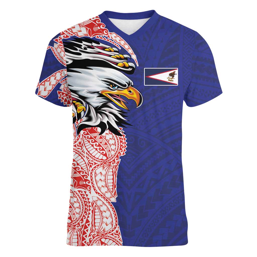 American Samoa Flag Day Women V-Neck T-Shirt Tribal Tattoo with Eagle Blue-Red