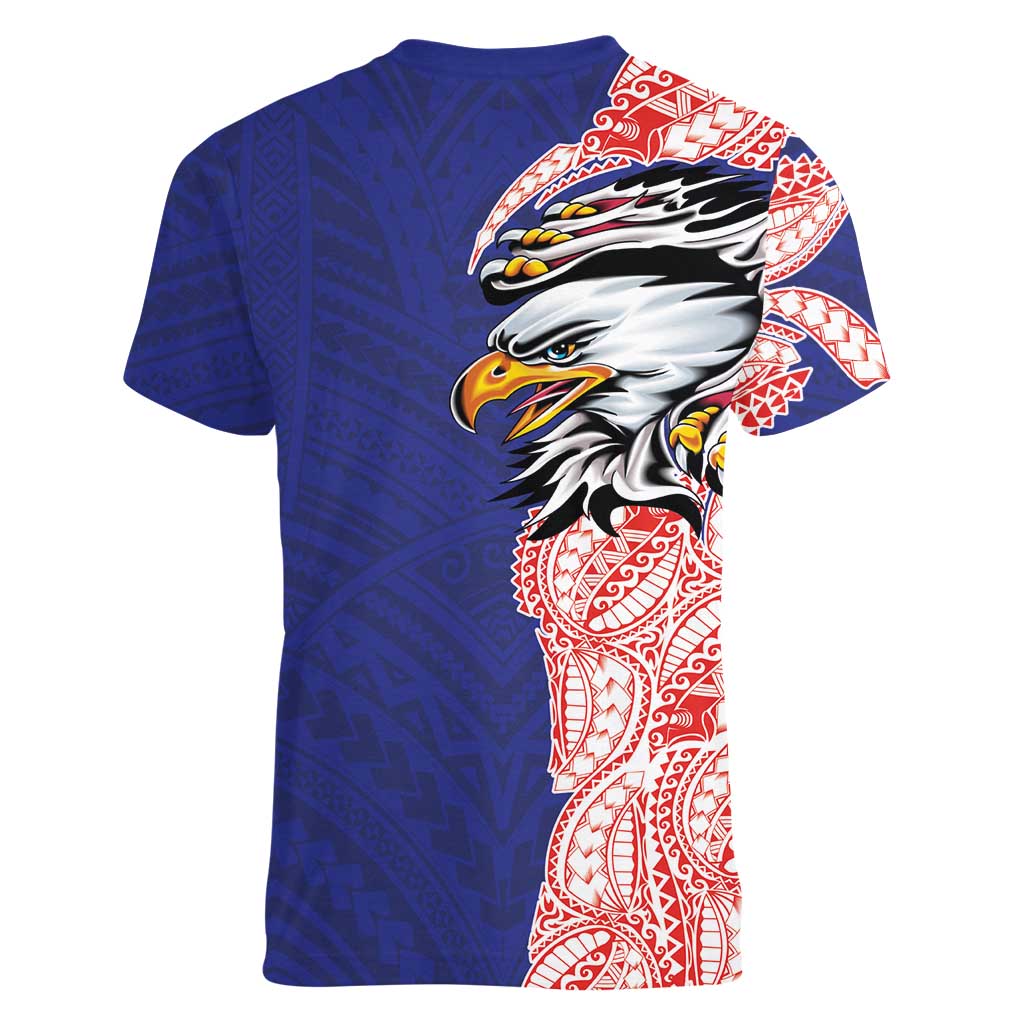 American Samoa Flag Day Women V-Neck T-Shirt Tribal Tattoo with Eagle Blue-Red LT03 - Polynesian Pride