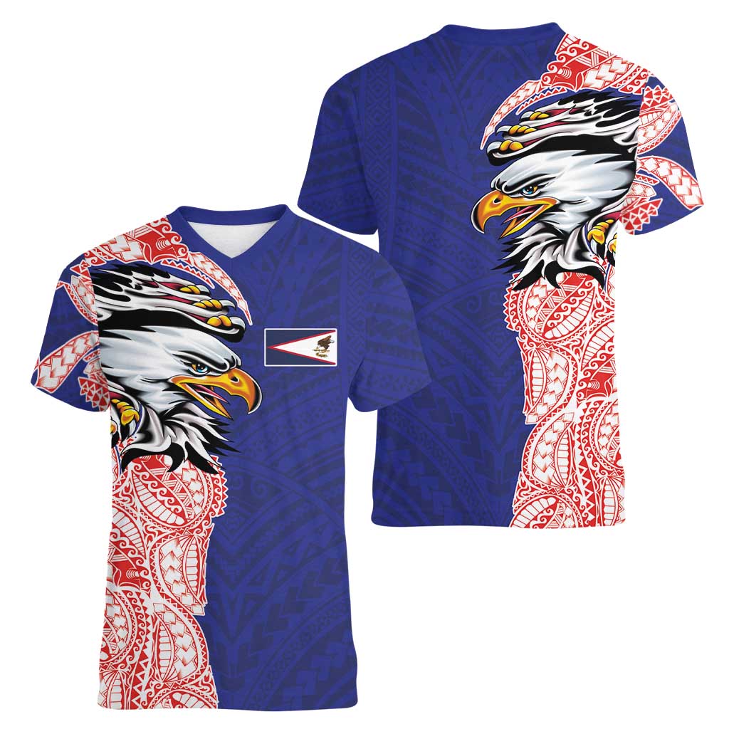 American Samoa Flag Day Women V-Neck T-Shirt Tribal Tattoo with Eagle Blue-Red LT03 - Polynesian Pride