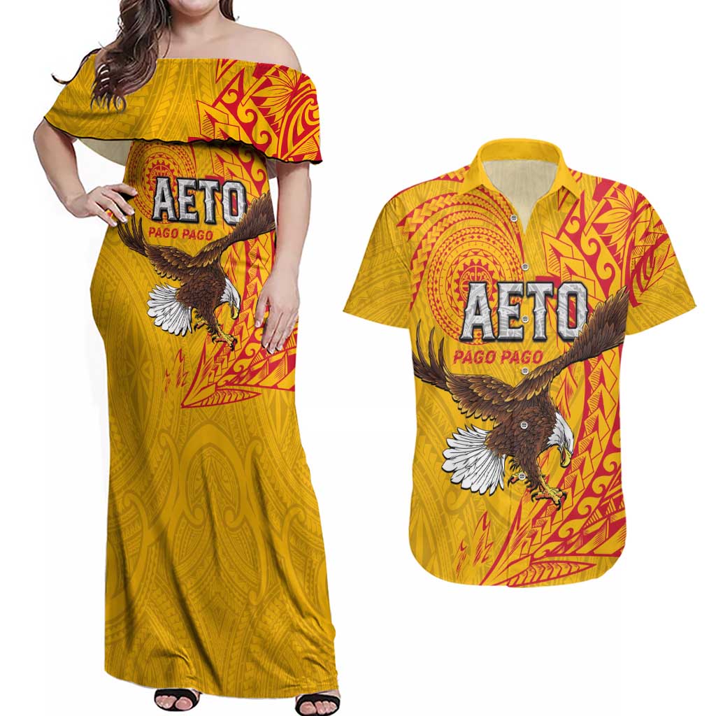 Personalised American Samoa Flag Day Couples Matching Off Shoulder Maxi Dress and Hawaiian Shirt Fautasi Race Pago Pago-Aeto Eagle Wings Tribal Style LT03 Multicolor - Polynesian Pride