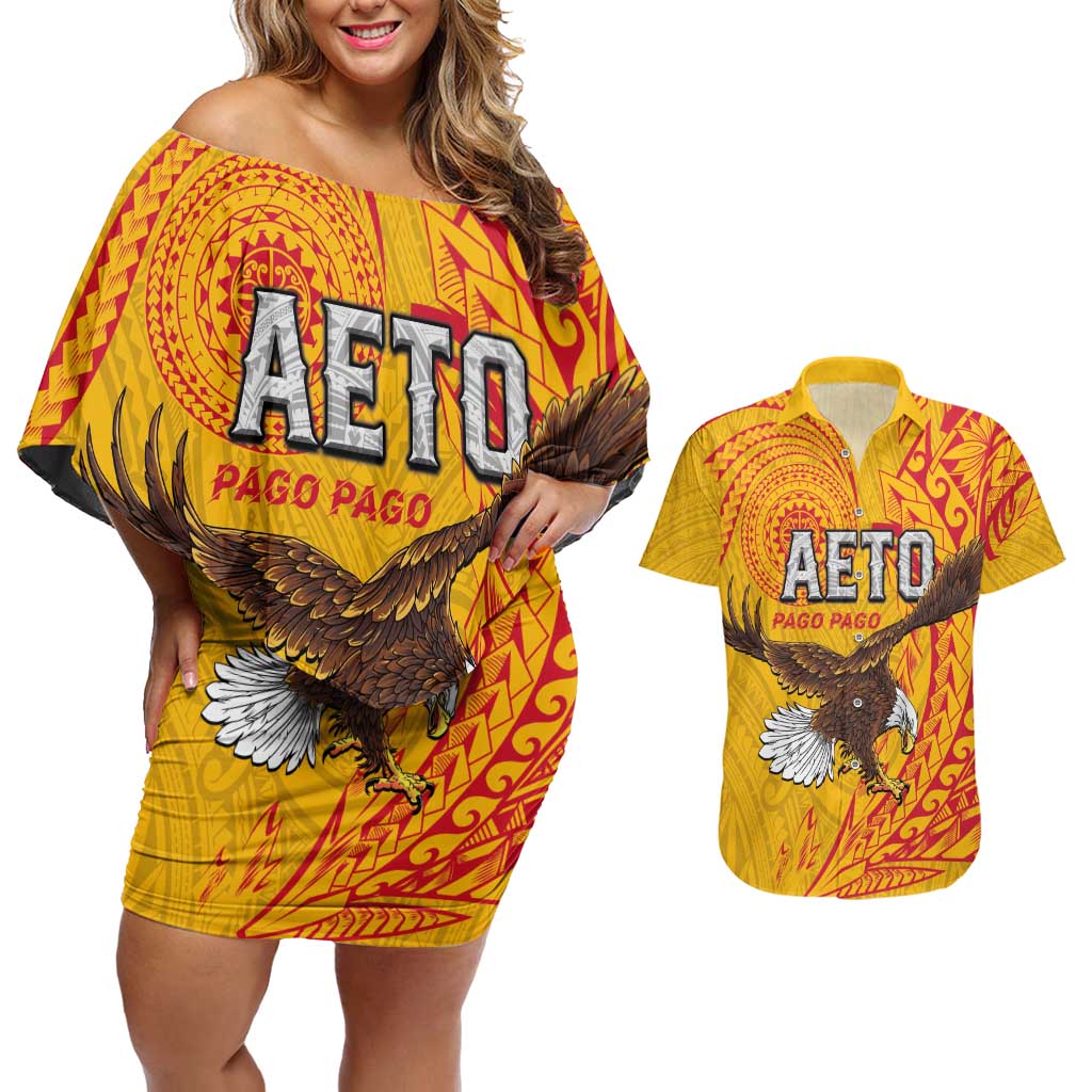 Personalised American Samoa Flag Day Couples Matching Off Shoulder Short Dress and Hawaiian Shirt Fautasi Race Pago Pago-Aeto Eagle Wings Tribal Style LT03 Multicolor - Polynesian Pride