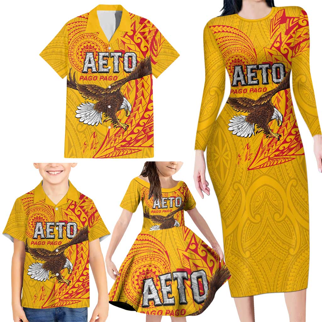 Personalised American Samoa Flag Day Family Matching Long Sleeve Bodycon Dress and Hawaiian Shirt Fautasi Race Pago Pago-Aeto Eagle Wings Tribal Style