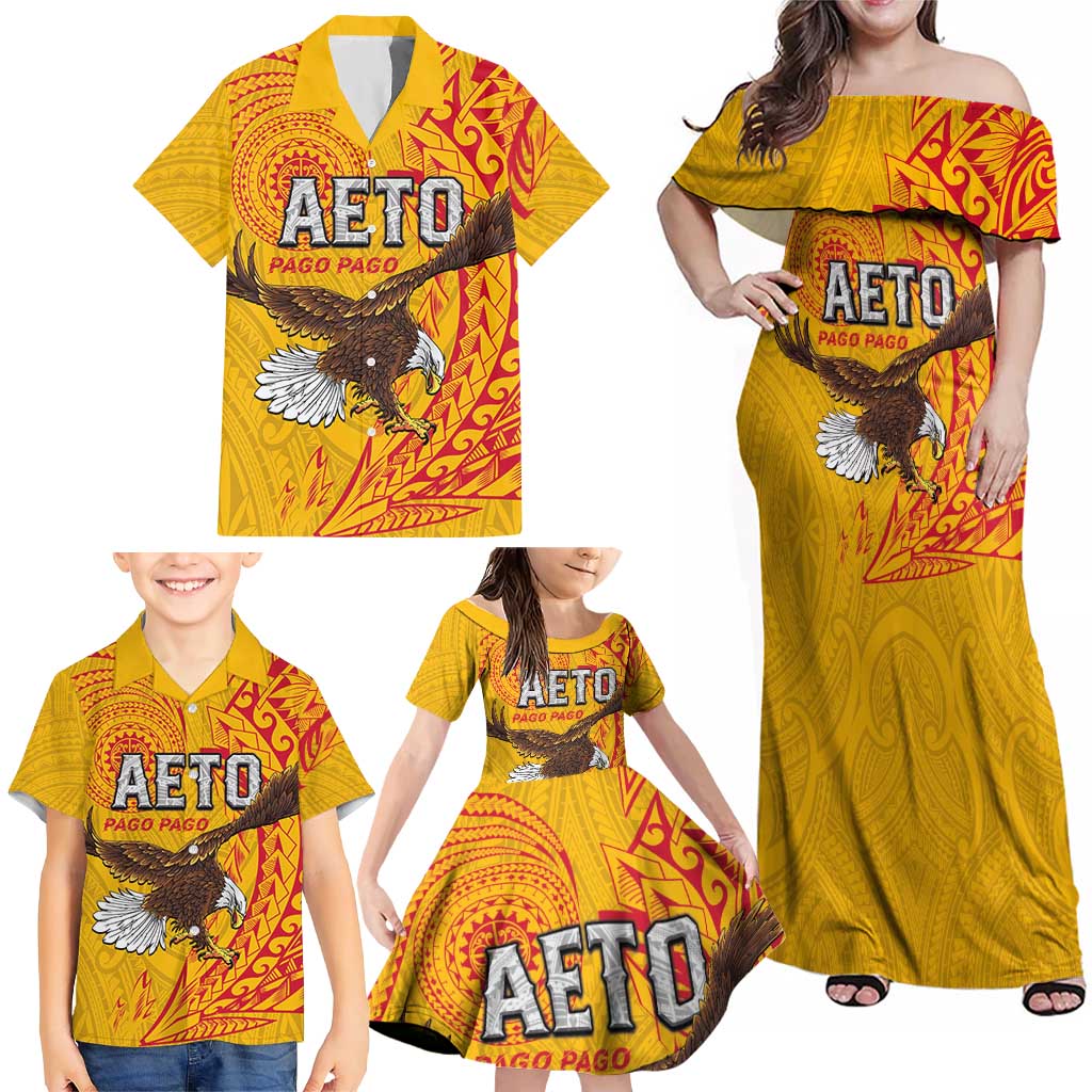 Personalised American Samoa Flag Day Family Matching Off Shoulder Maxi Dress and Hawaiian Shirt Fautasi Race Pago Pago-Aeto Eagle Wings Tribal Style