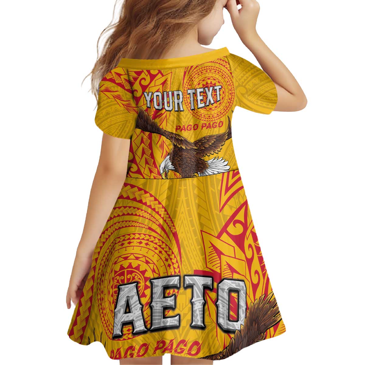 Personalised American Samoa Flag Day Kid Short Sleeve Dress Fautasi Race Pago Pago-Aeto Eagle Wings Tribal Style