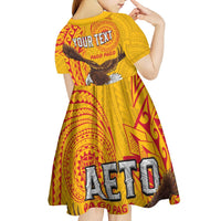 Personalised American Samoa Flag Day Kid Short Sleeve Dress Fautasi Race Pago Pago-Aeto Eagle Wings Tribal Style