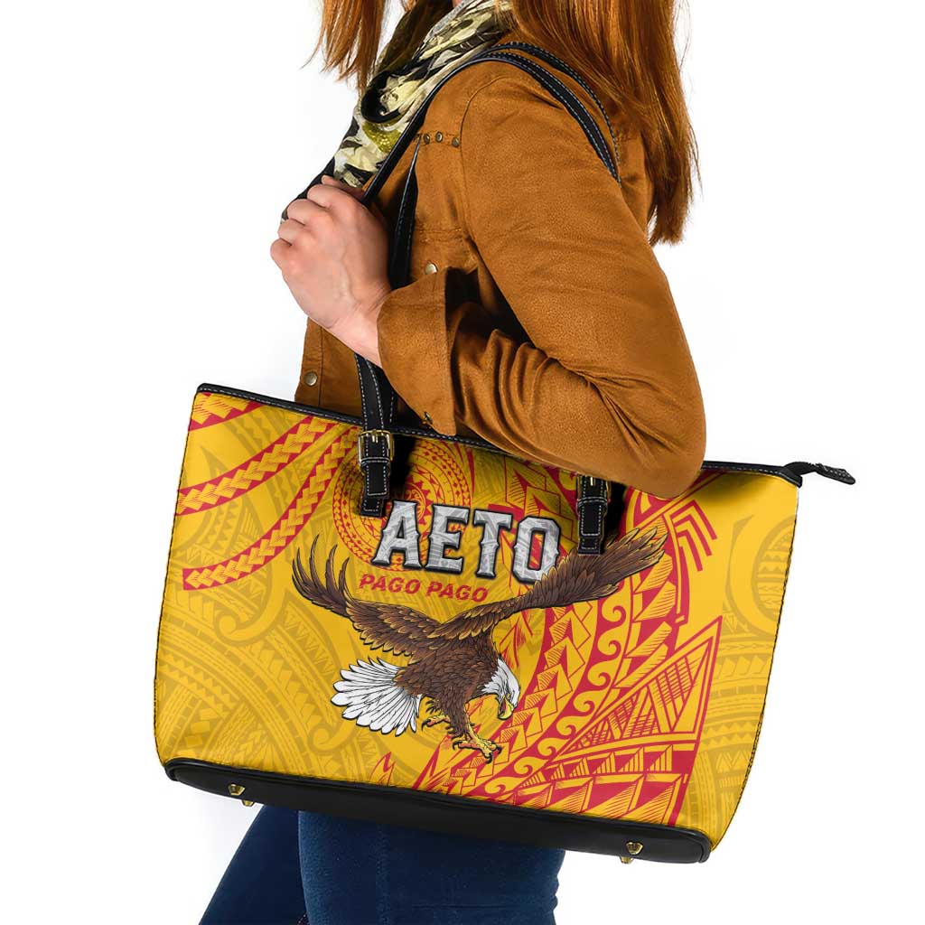 American Samoa Flag Day Leather Tote Bag Fautasi Race Pago Pago-Aeto Eagle Wings Tribal Style