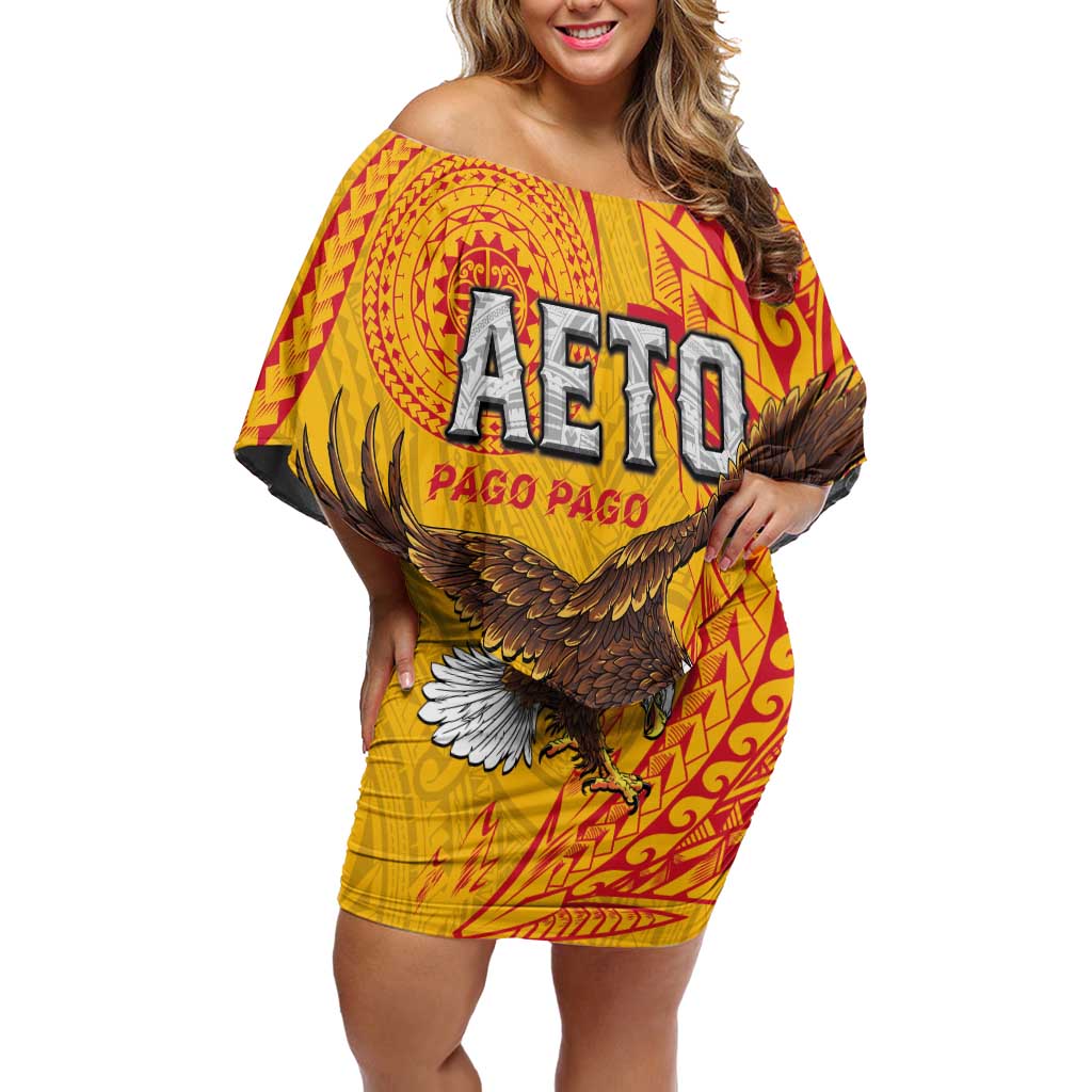 Personalised American Samoa Flag Day Off Shoulder Short Dress Fautasi Race Pago Pago-Aeto Eagle Wings Tribal Style