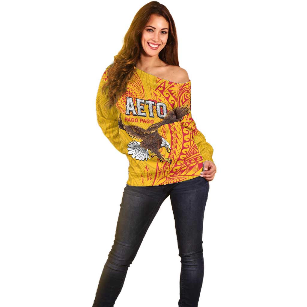 Personalised American Samoa Flag Day Off Shoulder Sweater Fautasi Race Pago Pago-Aeto Eagle Wings Tribal Style LT03 - Polynesian Pride