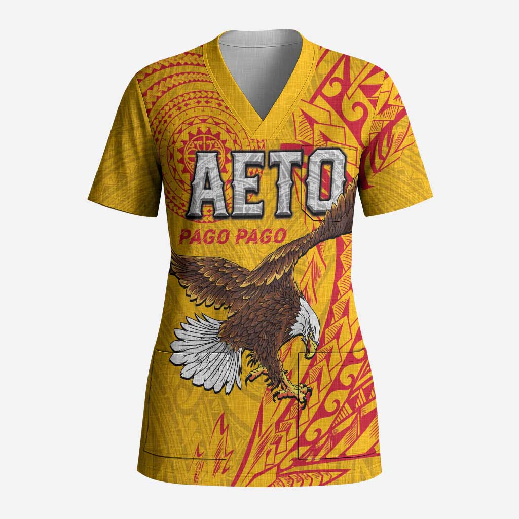 Personalised American Samoa Flag Day Scrub Top Fautasi Race Pago Pago-Aeto Eagle Wings Tribal Style