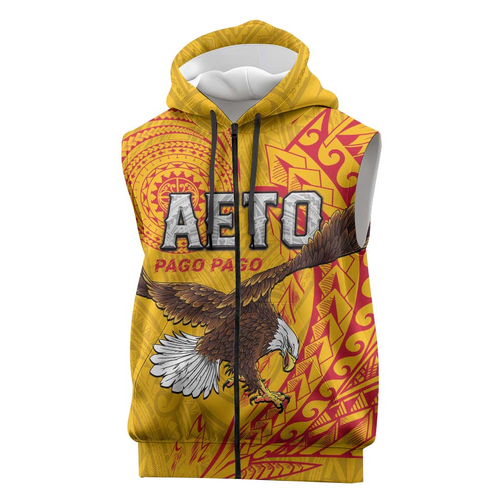Personalised American Samoa Flag Day Sleeveless Zip Hoodie Fautasi Race Pago Pago-Aeto Eagle Wings Tribal Style
