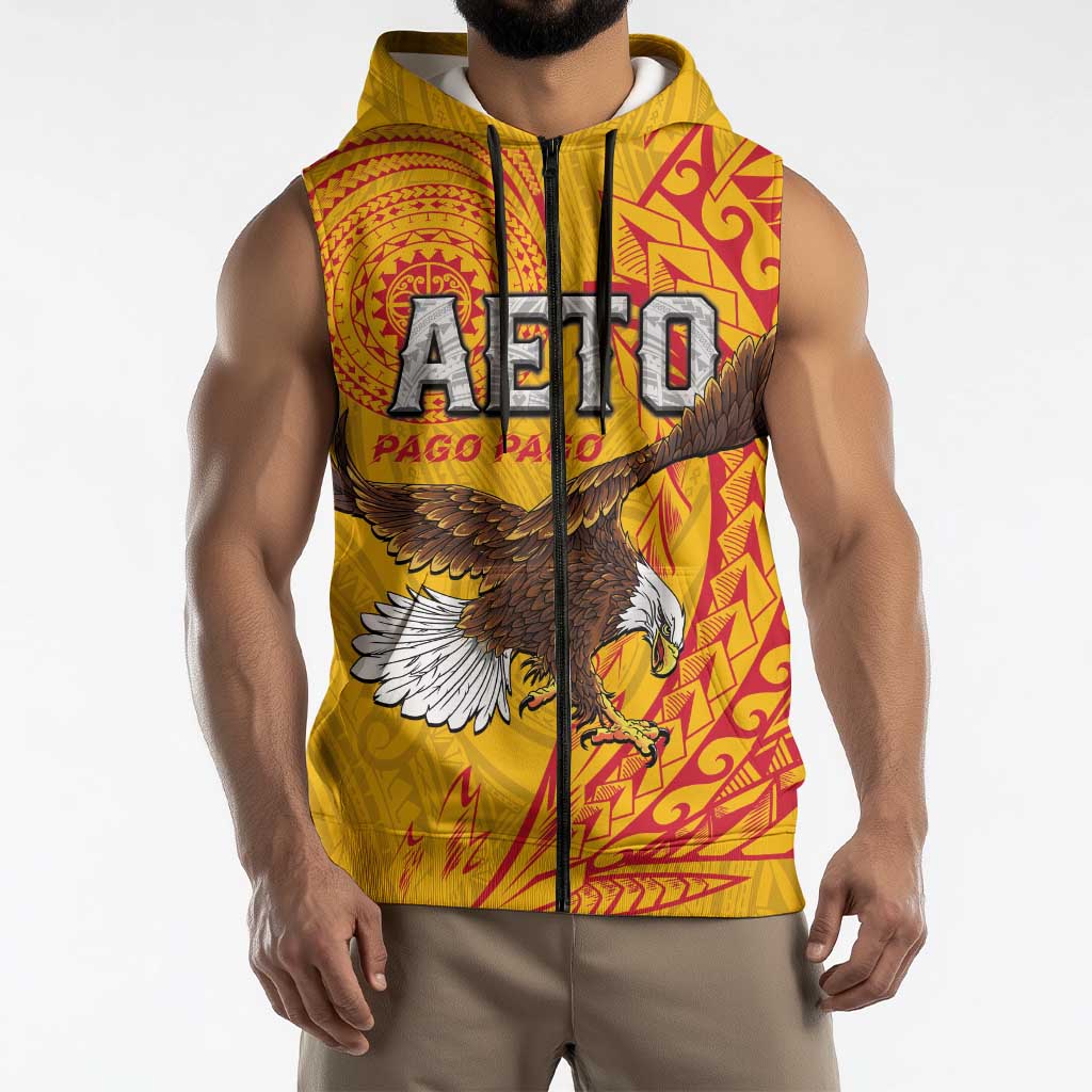 Personalised American Samoa Flag Day Sleeveless Zip Hoodie Fautasi Race Pago Pago-Aeto Eagle Wings Tribal Style