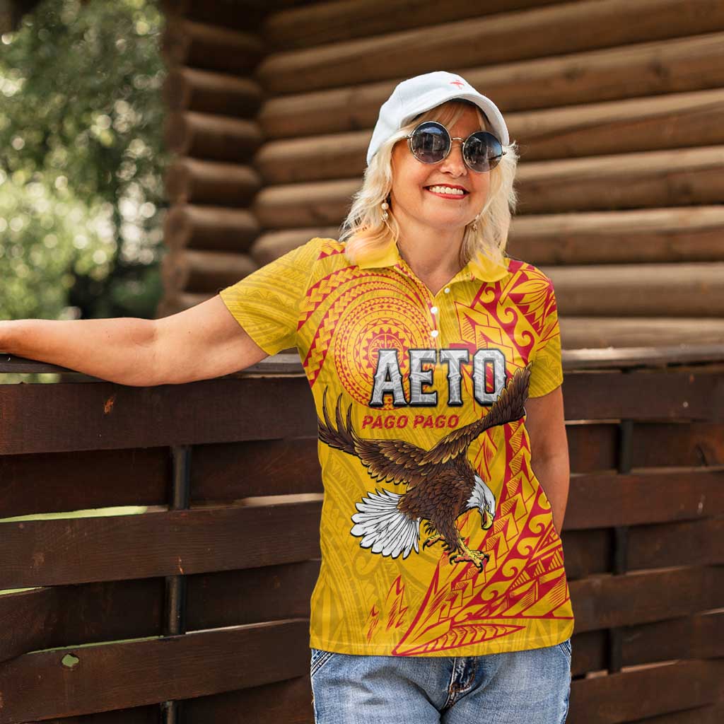 Personalised American Samoa Flag Day Women Polo Shirt Fautasi Race Pago Pago-Aeto Eagle Wings Tribal Style