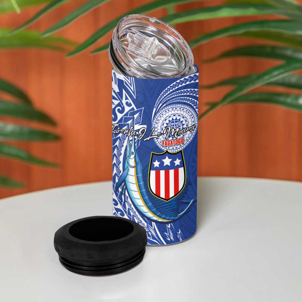 American Samoa Flag Day 4 in 1 Can Cooler Tumbler Fautasi Race Fagatogo-Iseula O Le Moana Sailfish Tribal Style
