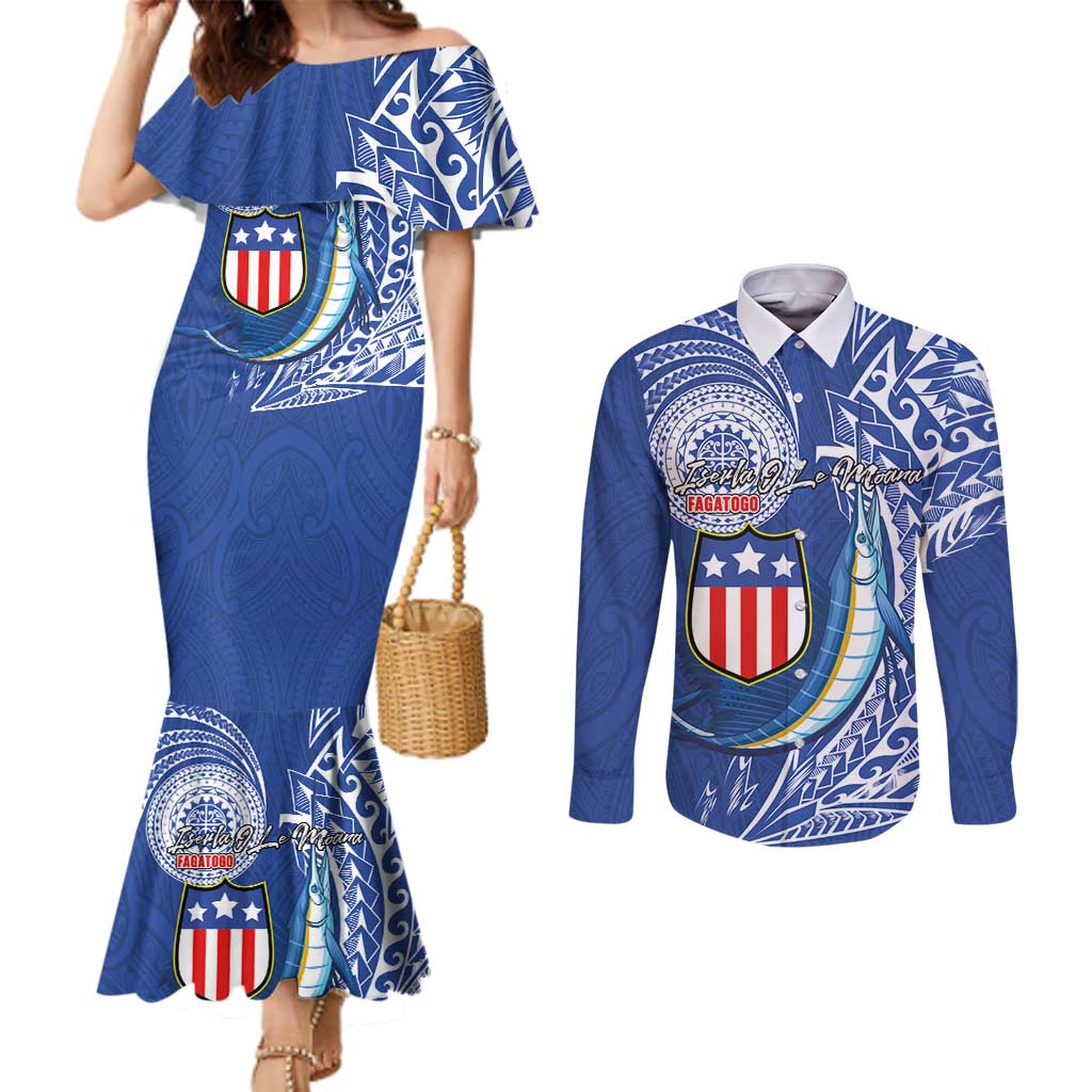 Personalised American Samoa Flag Day Couples Matching Mermaid Dress and Long Sleeve Button Shirt Fautasi Race Fagatogo-Iseula O Le Moana Sailfish Tribal Style LT03 Multicolor - Polynesian Pride