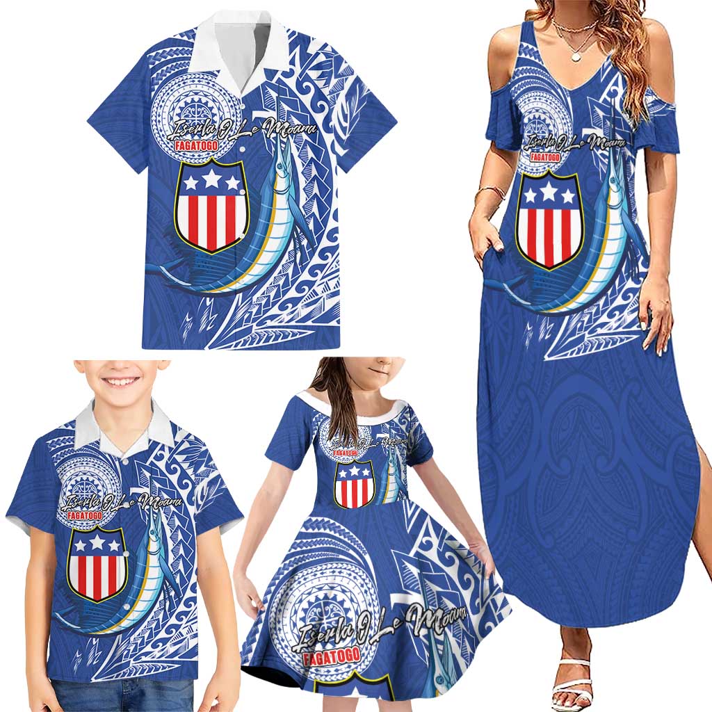 Personalised American Samoa Flag Day Family Matching Summer Maxi Dress and Hawaiian Shirt Fautasi Race Fagatogo-Iseula O Le Moana Sailfish Tribal Style