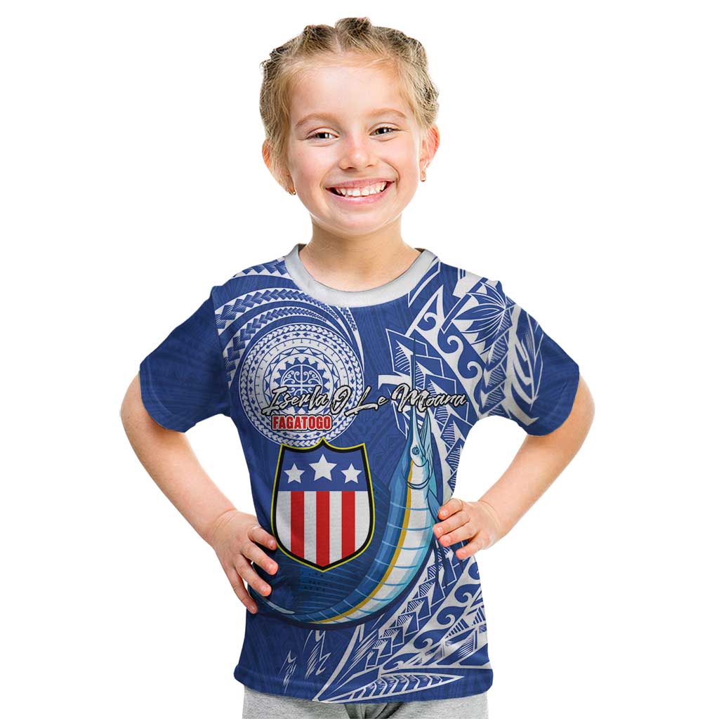 Personalised American Samoa Flag Day Kid T Shirt Fautasi Race Fagatogo-Iseula O Le Moana Sailfish Tribal Style