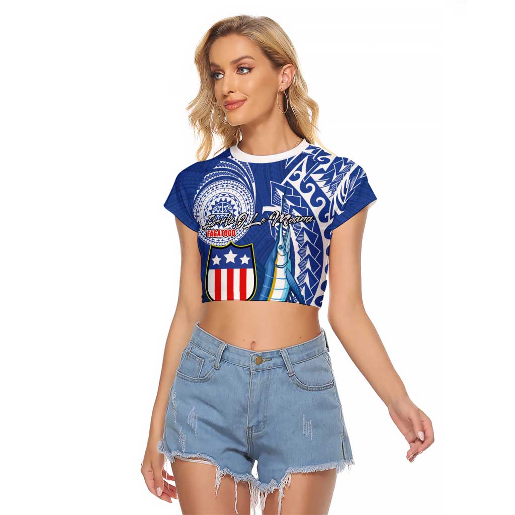 Personalised American Samoa Flag Day Raglan Cropped T Shirt Fautasi Race Fagatogo-Iseula O Le Moana Sailfish Tribal Style