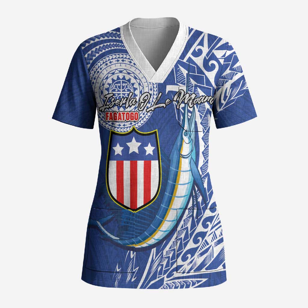 Personalised American Samoa Flag Day Scrub Top Fautasi Race Fagatogo-Iseula O Le Moana Sailfish Tribal Style