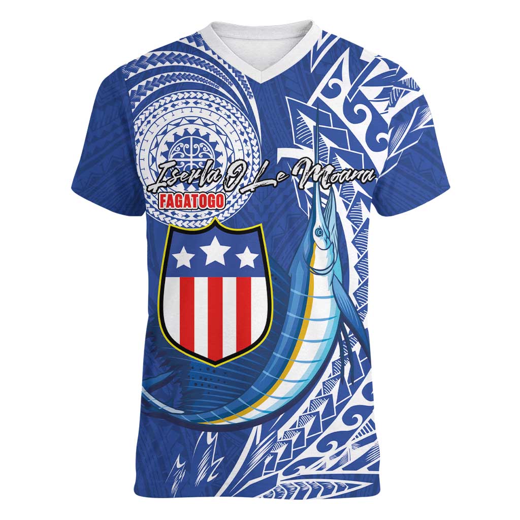 Personalised American Samoa Flag Day Women V-Neck T-Shirt Fautasi Race Fagatogo-Iseula O Le Moana Sailfish Tribal Style