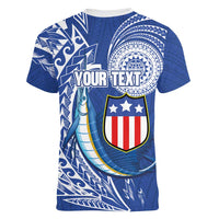 Personalised American Samoa Flag Day Women V-Neck T-Shirt Fautasi Race Fagatogo-Iseula O Le Moana Sailfish Tribal Style