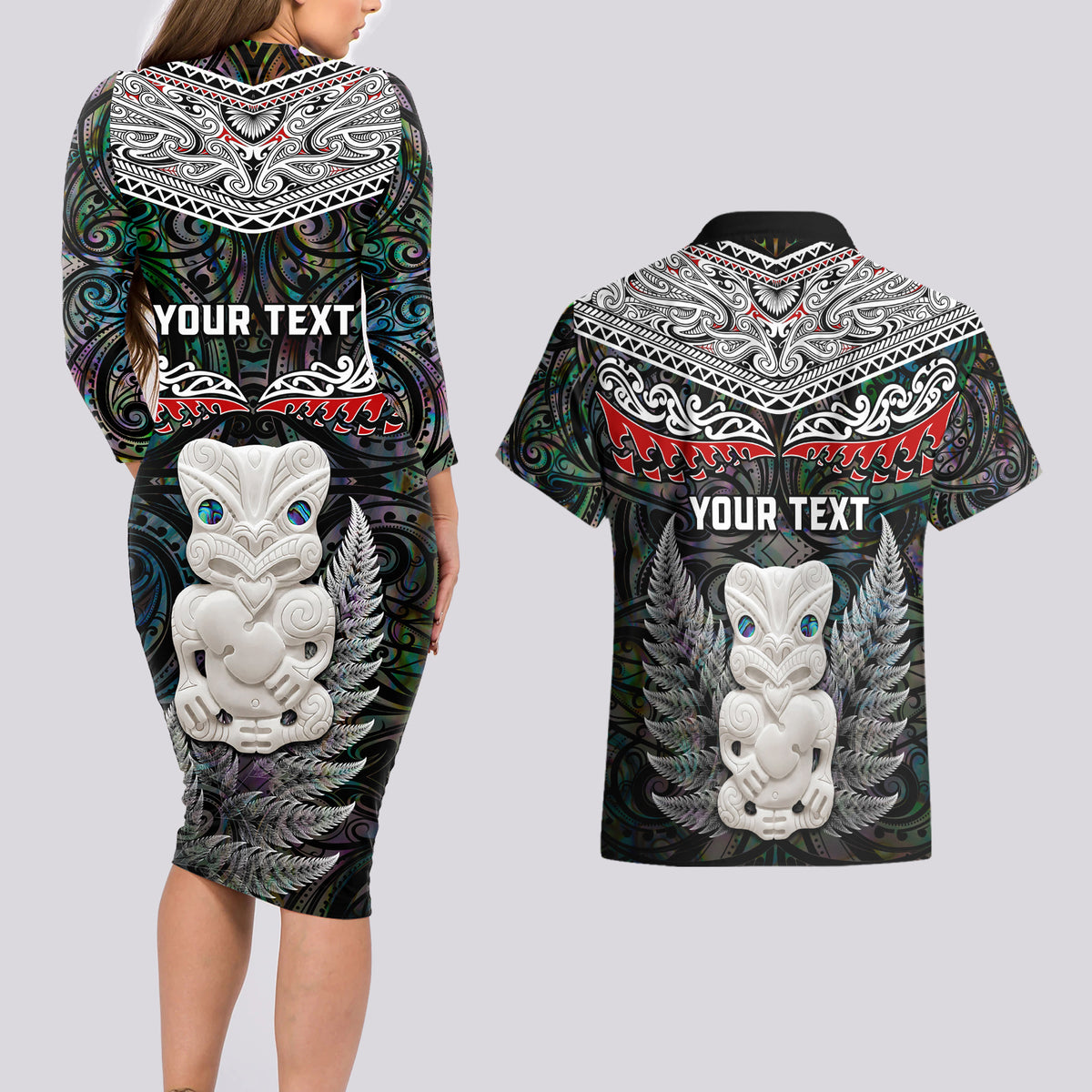New Zealand Hei Tiki Couples Matching Long Sleeve Bodycon Dress and Hawaiian Shirt Maori Green Papua Shell Pattern LT03 - Polynesian Pride