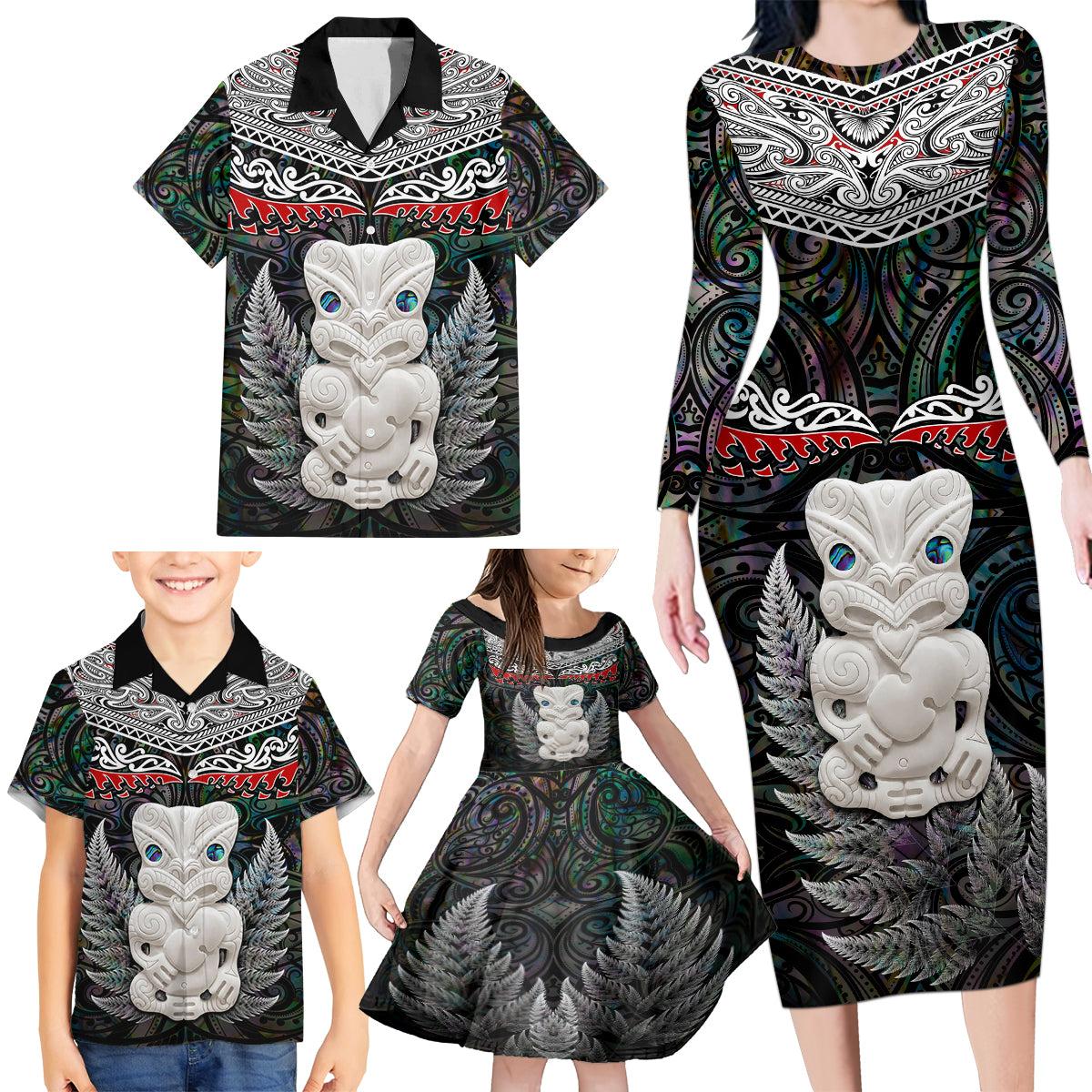 New Zealand Hei Tiki Family Matching Long Sleeve Bodycon Dress and Hawaiian Shirt Maori Green Papua Shell Pattern LT03 - Polynesian Pride