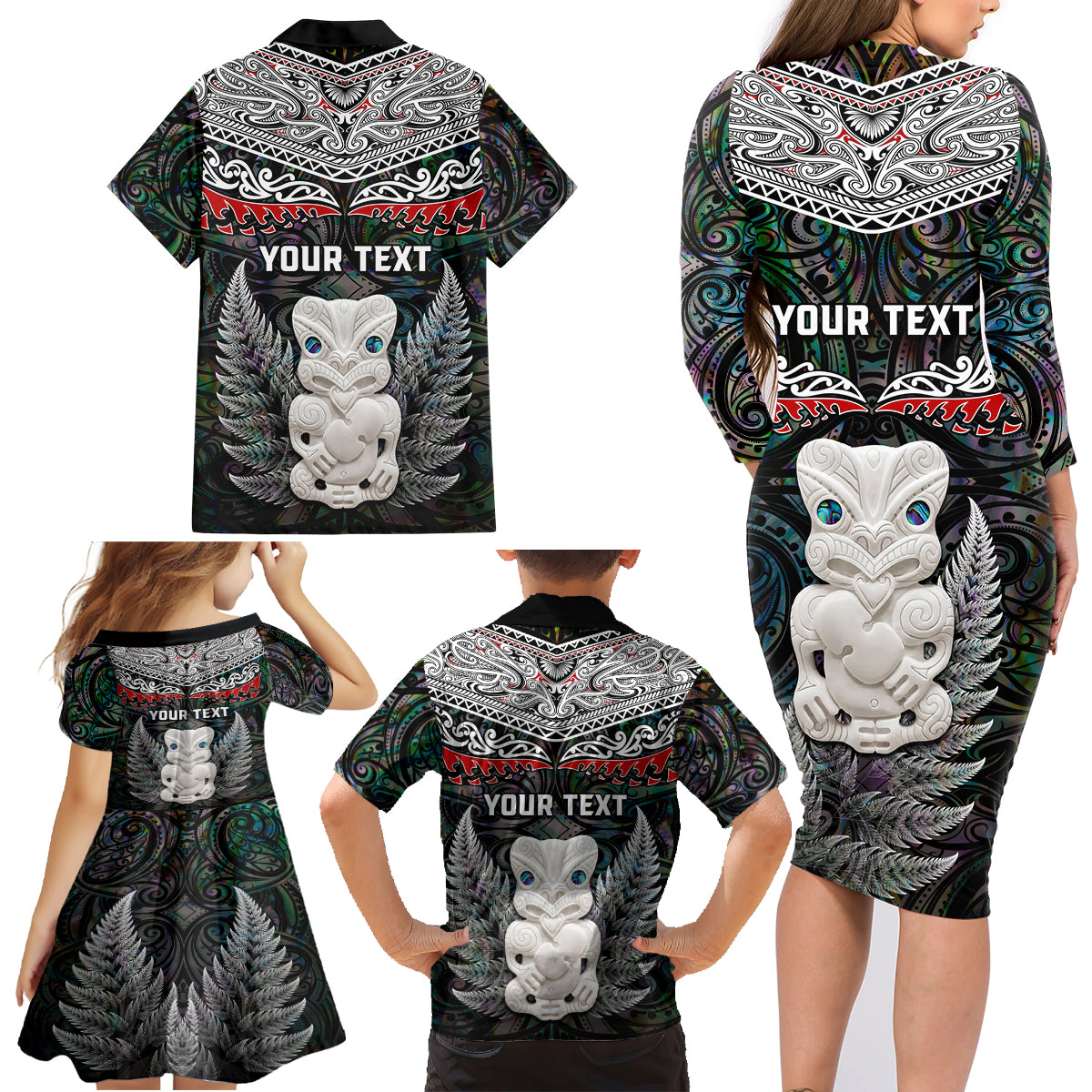 New Zealand Hei Tiki Family Matching Long Sleeve Bodycon Dress and Hawaiian Shirt Maori Green Papua Shell Pattern LT03 - Polynesian Pride