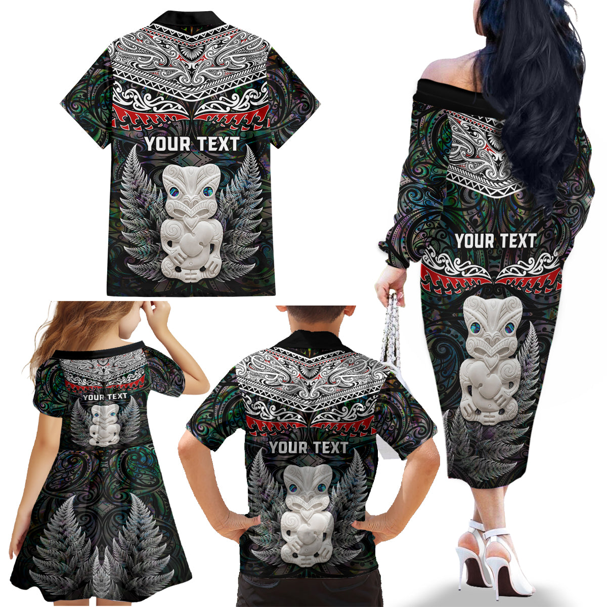 New Zealand Hei Tiki Family Matching Off Shoulder Long Sleeve Dress and Hawaiian Shirt Maori Green Papua Shell Pattern LT03 - Polynesian Pride