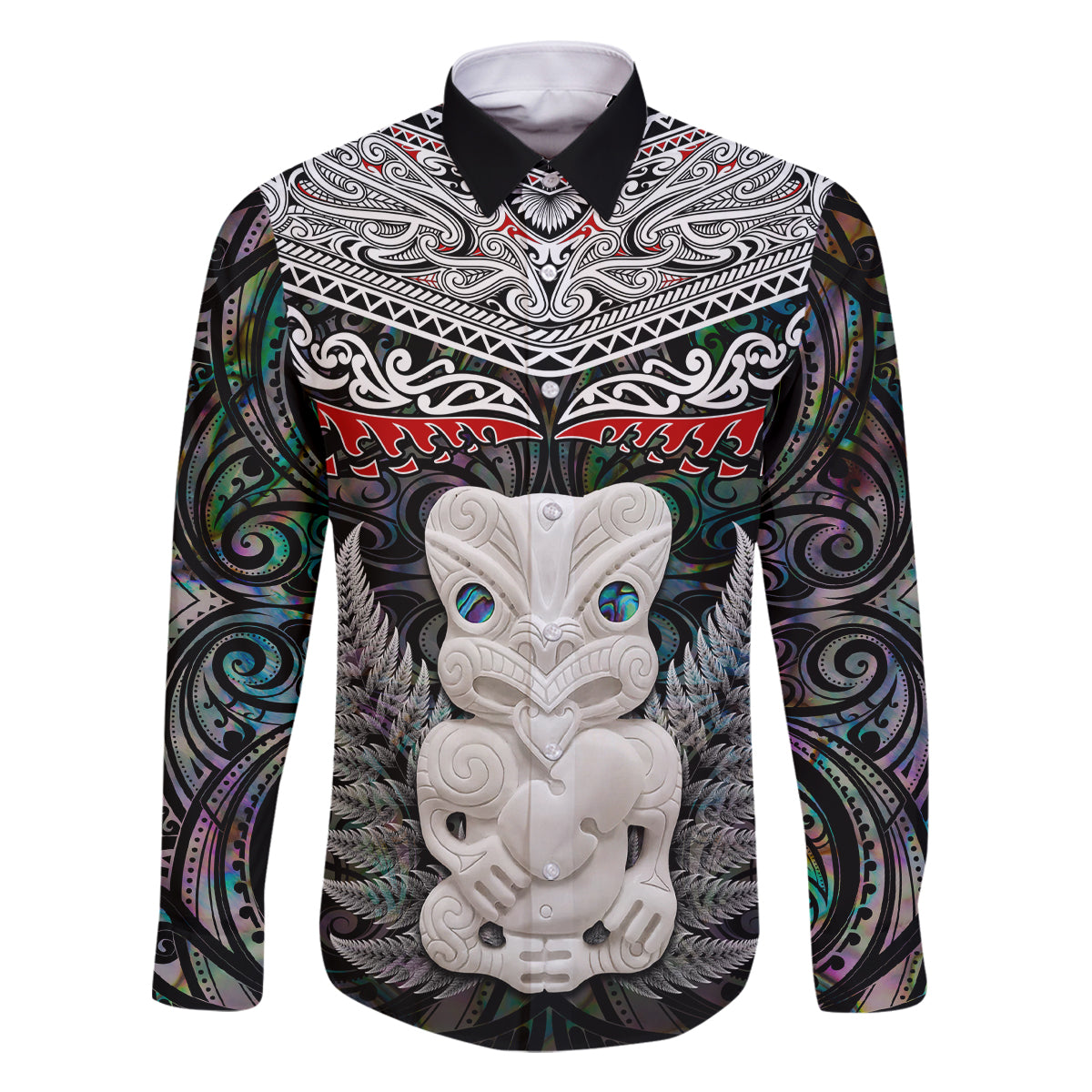 New Zealand Hei Tiki Family Matching Off Shoulder Maxi Dress and Hawaiian Shirt Maori Green Papua Shell Pattern LT03 Dad's Shirt - Long Sleeve Green - Polynesian Pride