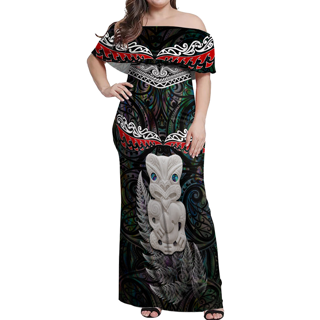 New Zealand Hei Tiki Off Shoulder Maxi Dress Maori Green Papua Shell Pattern LT03 Women Green - Polynesian Pride