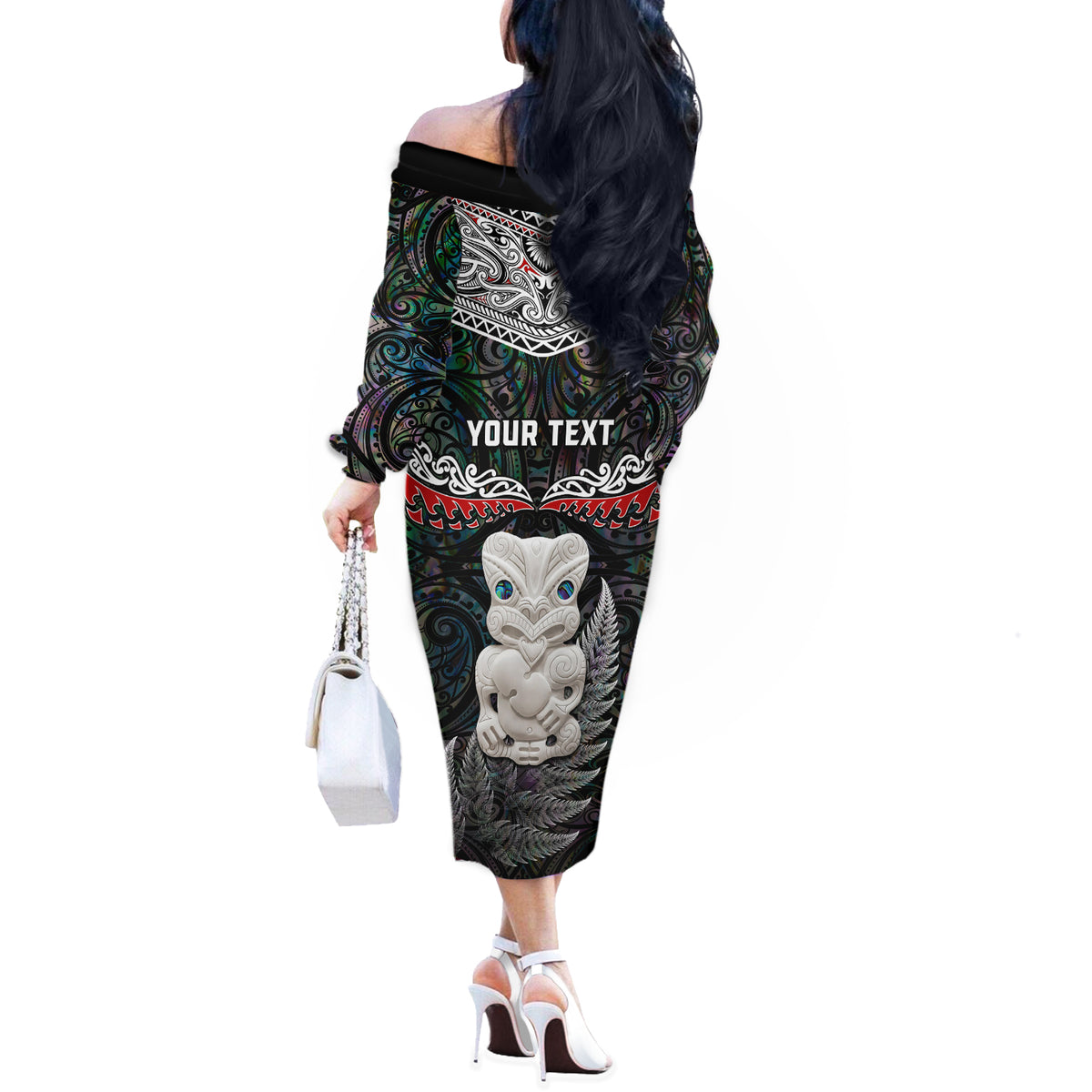 New Zealand Hei Tiki Off The Shoulder Long Sleeve Dress Maori Green Papua Shell Pattern LT03 - Polynesian Pride