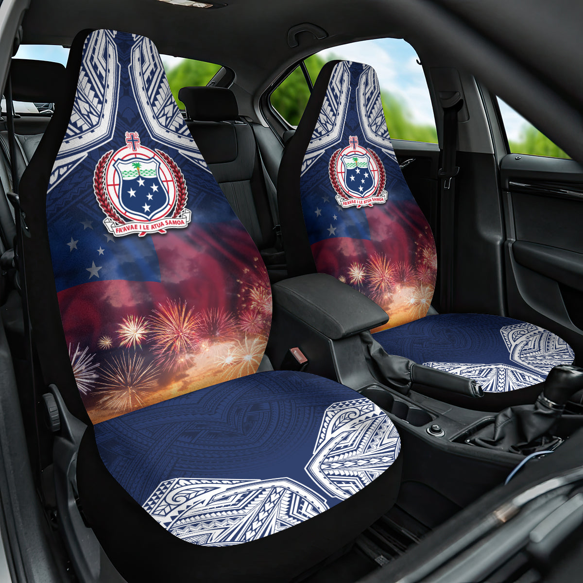 Samoa Indenpendence Day Car Seat Cover Sky Fireworks with Flag Style LT03 One Size Black - Polynesian Pride