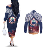Samoa Indenpendence Day Couples Matching Off The Shoulder Long Sleeve Dress and Long Sleeve Button Shirt Sky Fireworks with Flag Style LT03 - Polynesian Pride
