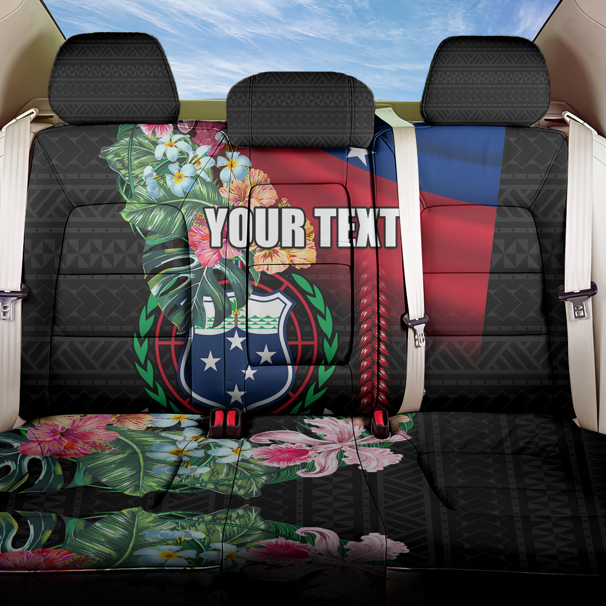 Personalised Samoa Indenpendence Day Back Car Seat Cover Tropical Samoan Coat of Arms With Siapo Pattern LT03 One Size Black - Polynesian Pride