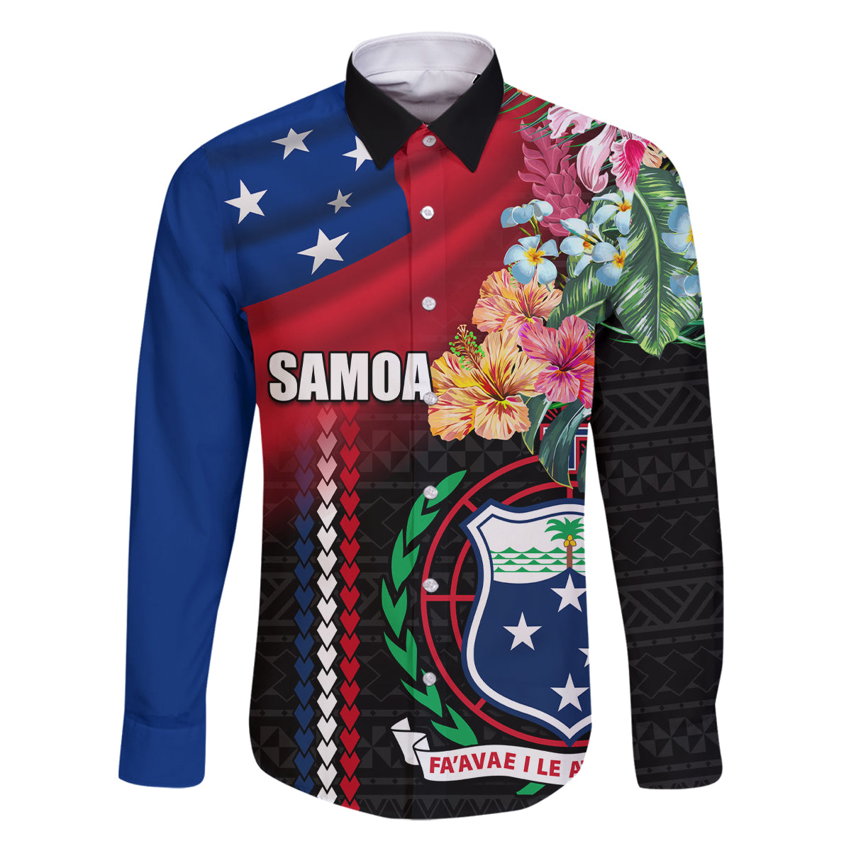 Personalised Samoa Indenpendence Day Family Matching Mermaid Dress and Hawaiian Shirt Tropical Samoan Coat of Arms With Siapo Pattern LT03 Dad's Shirt - Long Sleeve Black - Polynesian Pride