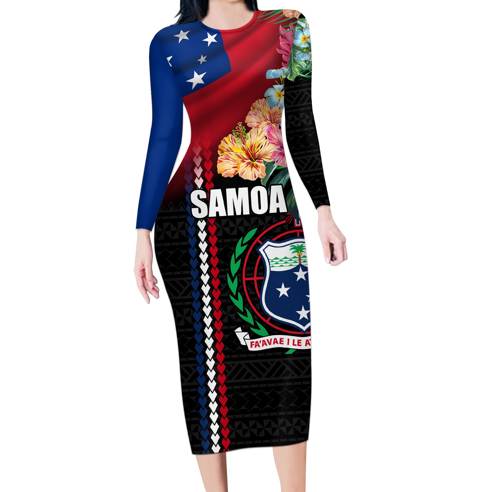 Personalised Samoa Indenpendence Day Long Sleeve Bodycon Dress Tropical Samoan Coat of Arms With Siapo Pattern LT03 Long Dress Black - Polynesian Pride