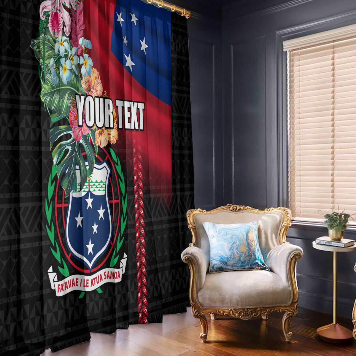 Personalised Samoa Indenpendence Day Window Curtain Tropical Samoan Coat of Arms With Siapo Pattern LT03 - Polynesian Pride