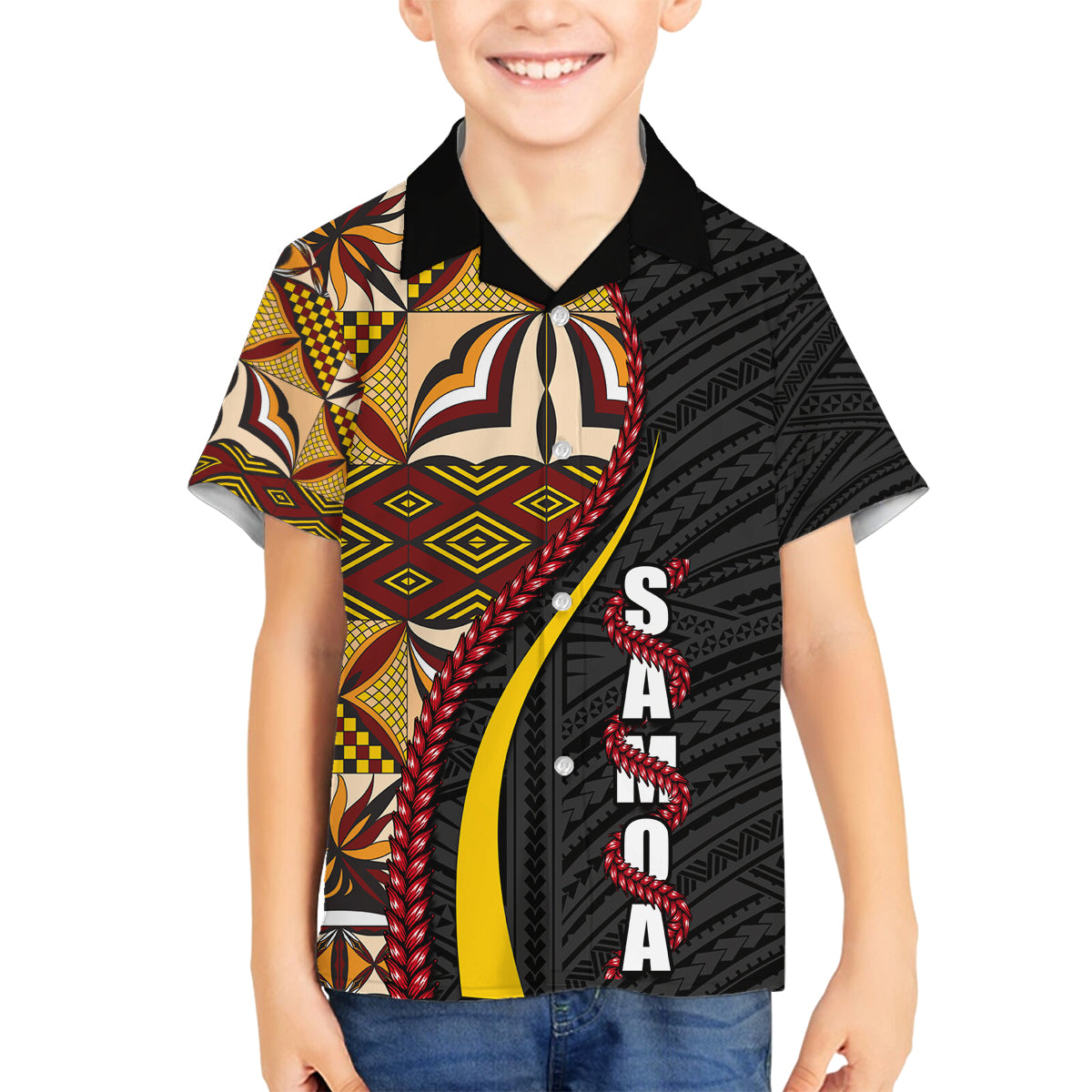 Samoa Siapo Ula Fala Family Matching Off Shoulder Short Dress and Hawaiian Shirt Polynesian Tribal Pattern LT03 Son's Shirt Black - Polynesian Pride