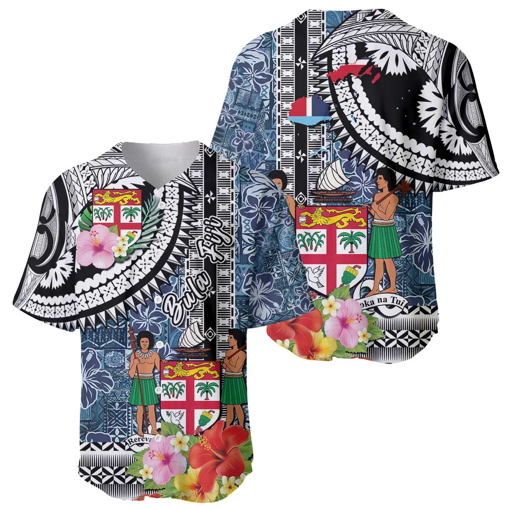 Fiji Day Baseball Jersey Traditional Tapa with Hibiscus and Emblems
